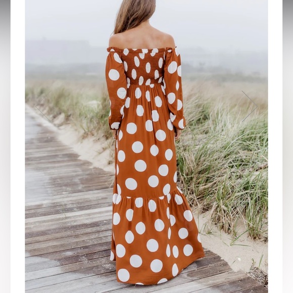 CAITLIN COVINGTON X PINK LILY BLUFF WALK BROWN POLKA DOT OFF THE SHOULDER DRESS - Picture 3 of 15